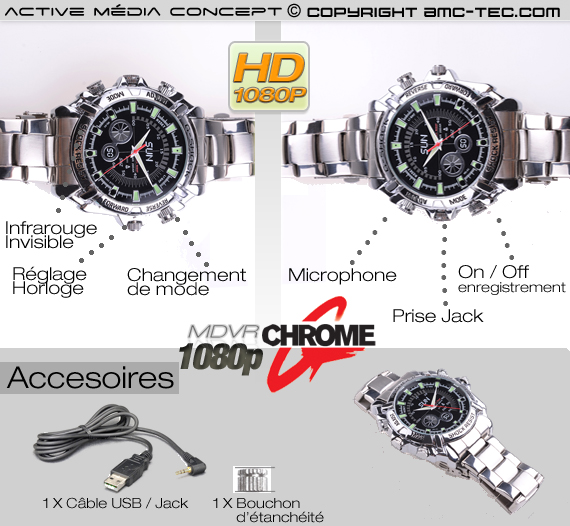 Montre Sport antichoc Etanche caméra audio vidéo HD 1080p 16Go avec infrarouge invisible