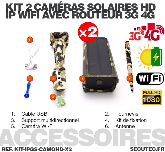 Kit 2 caméras camouflages solaires 3G 4G IP Wi-Fi extérieures HD 1080P