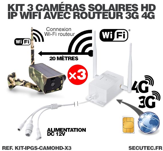 Kit 3 caméras camouflages solaires 3G 4G IP Wi-Fi extérieures HD 1080P