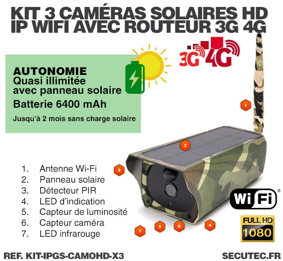 Kit 3 caméras camouflages solaires 3G 4G IP Wi-Fi extérieures HD 1080P