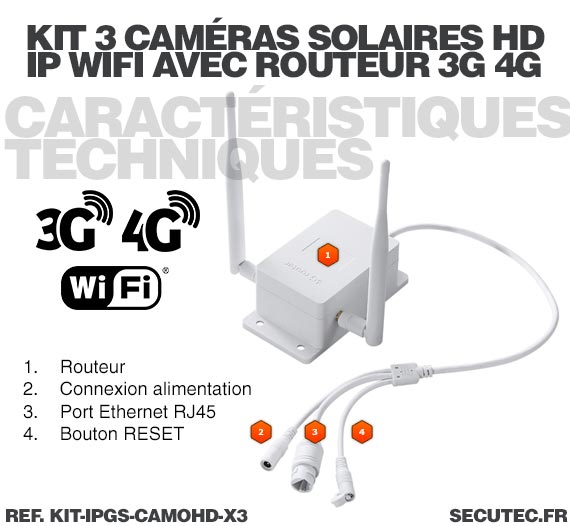 Kit 3 caméras camouflages solaires 3G 4G IP Wi-Fi extérieures HD 1080P