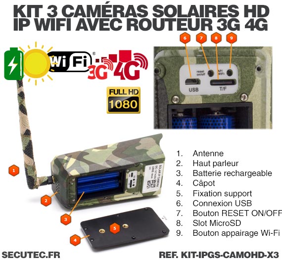 Kit 3 caméras camouflages solaires 3G 4G IP Wi-Fi extérieures HD 1080P