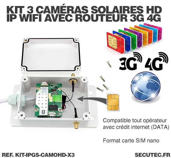 Kit 3 caméras camouflages solaires 3G 4G IP Wi-Fi extérieures HD 1080P