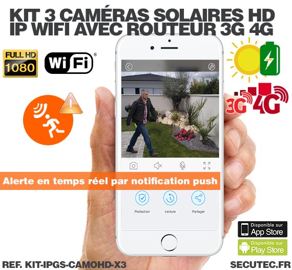 Kit 3 caméras camouflages solaires 3G 4G IP Wi-Fi extérieures HD 1080P