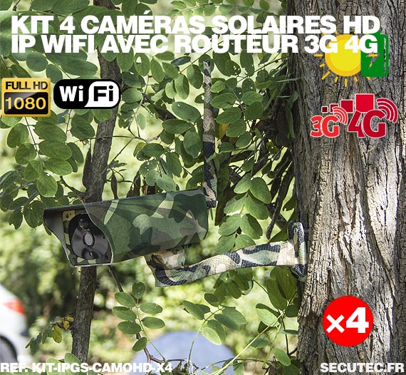 Kit 4 caméras camouflages solaires 3G 4G IP Wi-Fi extérieures HD 1080P