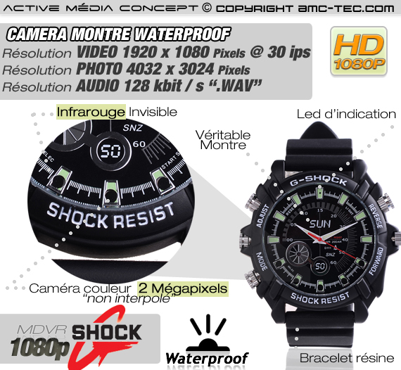 Montre Sport anti-choc étanche caméra audio vidéo HD 1080p 16Go avec infrarouge invisible