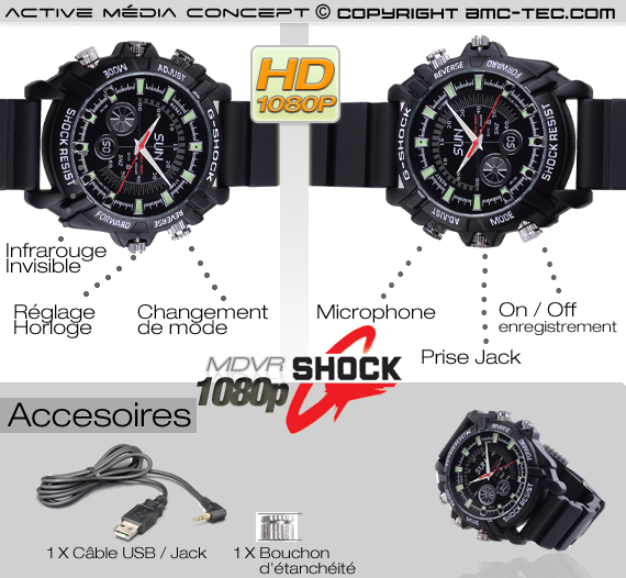 Montre Sport anti-choc étanche caméra audio vidéo HD 1080p 16Go avec infrarouge invisible