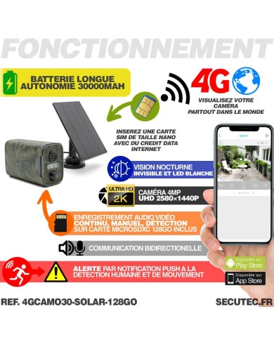 Camera camouflage 4G solaire UHD 4MP 2K vision nocturne invisible 128GO ultra longue autonomie detection mouvement et humaine