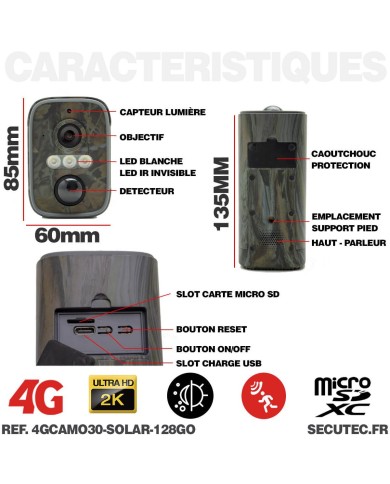 Camera camouflage 4G solaire UHD 4MP 2K vision nocturne invisible 128GO ultra longue autonomie detection mouvement et humaine
