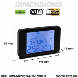 Horloge station météo micro caméra IP WiFi HD avec vision nocturne microSD  128 Go incluse