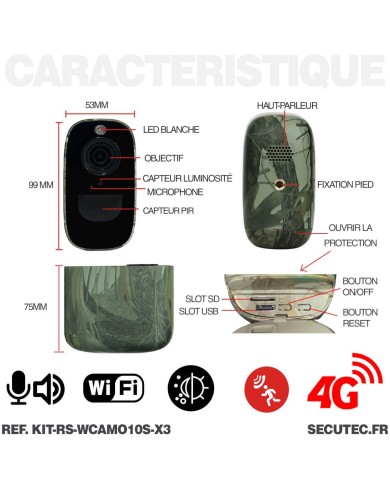 Kit de vidéosurveillance 3G 4G autonome solaire avec 3 caméras camouflages solaires WiFi très longue autonomie
