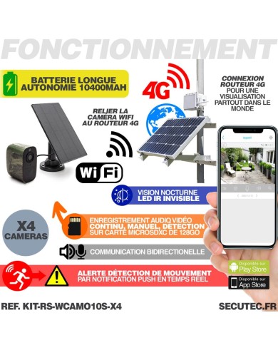 Kit de vidéosurveillance 3G 4G autonome solaire avec 4 caméras camouflages solaires WIFI très longue autonomie