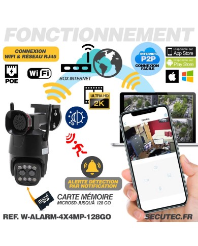 Double caméra pilotable WiFi Ultra HD 2K détection AI suivi humain alerte sirène zoom X4 micro SD 128Go