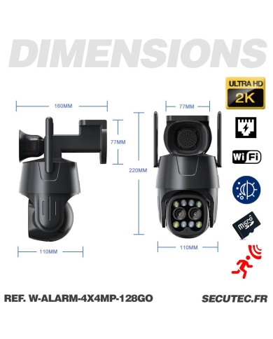 Double caméra pilotable WiFi Ultra HD 2K détection AI suivi humain alerte sirène zoom X4 micro SD 128Go