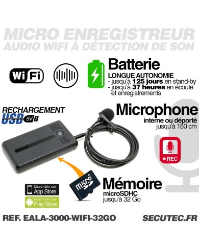 Mini enregistreur audio WiFi ultra longue autonomie détection de bruit écoute à distance mémoire 32 Go