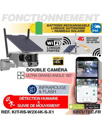 Kit vidéosurveillance 4G autonome solaire avec une camera solaire wifi ultra grand angle double objectifs UHD 4K 8MP sirène