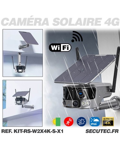 Kit vidéosurveillance 4G autonome solaire avec une camera solaire wifi ultra grand angle double objectifs UHD 4K 8MP sirène