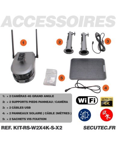 Kit vidéosurveillance 4G autonome solaire avec deux cameras solaire wifi ultra grand angle double objectif UHD 8MP 4K