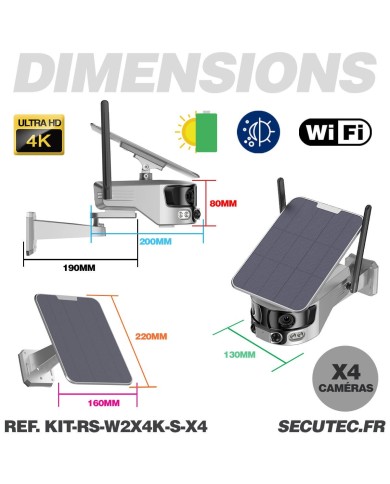 Kit vidéo surveillance 3G 4G autonome solaire avec quatre caméras solaire WiFi Ultra grand angle double objectifs UHD 4K 8MP dét