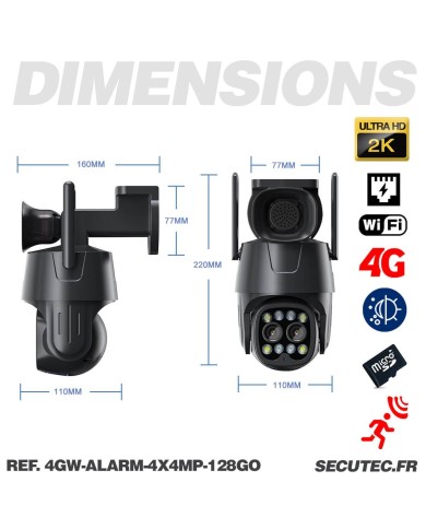 Double caméra pilotable 4G ou WIFI UHD 2K détection AI suivi humain alerte sirène zoom X4 micro SD 128Go