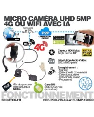 Micro caméra 4G ou WiFi type vis à intégrer accès à distance via iPhone Android enregistrement Ultra HD 5MP sur micro SD 128Go