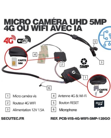 Micro caméra 4G ou WiFi type vis à intégrer accès à distance via iPhone Android enregistrement Ultra HD 5MP sur micro SD 128Go