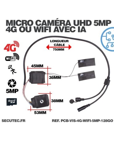 Micro caméra 4G ou WiFi type vis à intégrer accès à distance via iPhone Android enregistrement Ultra HD 5MP sur micro SD 128Go