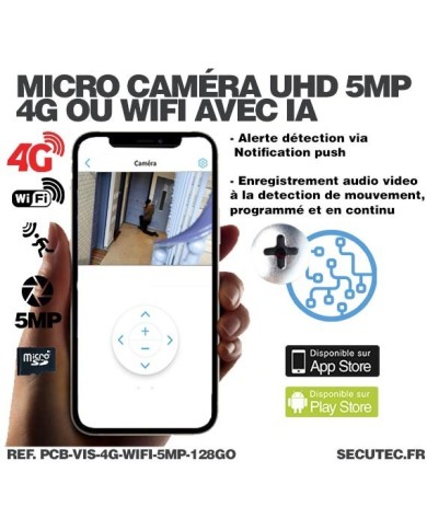 Micro caméra 4G ou WiFi type vis à intégrer accès à distance via iPhone Android enregistrement Ultra HD 5MP sur micro SD 128Go