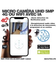 Micro caméra 4G ou WiFi type vis à intégrer accès à distance via iPhone Android enregistrement Ultra HD 5MP sur micro SD 128Go