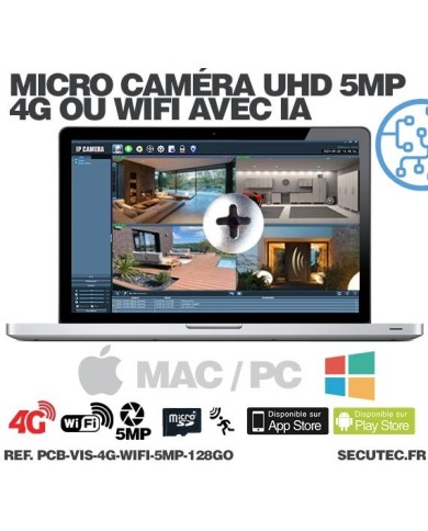Micro caméra 4G ou WiFi type vis à intégrer accès à distance via iPhone Android enregistrement Ultra HD 5MP sur micro SD 128Go