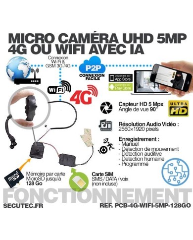 Micro caméra 4G ou WiFi à intégrer accès à distance via iPhone Android enregistrement Ultra HD 5MP sur micro SD 128Go