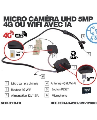 Micro caméra 4G ou WiFi à intégrer accès à distance via iPhone Android enregistrement Ultra HD 5MP sur micro SD 128Go