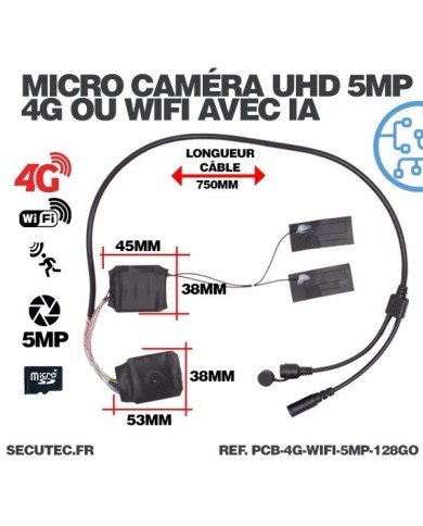 Micro caméra 4G ou WiFi à intégrer accès à distance via iPhone Android enregistrement Ultra HD 5MP sur micro SD 128Go