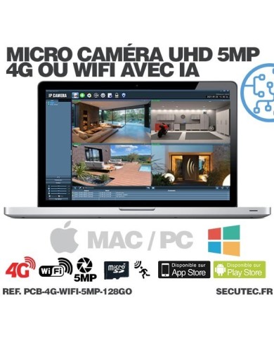 Micro caméra 4G ou WiFi à intégrer accès à distance via iPhone Android enregistrement Ultra HD 5MP sur micro SD 128Go