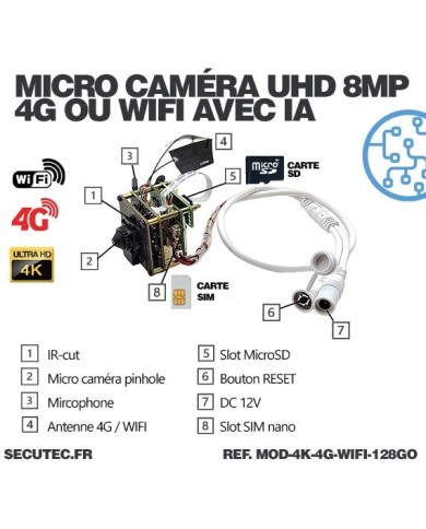 Mini caméra de surveillance 4G ou WiFi à intégrer accès à distance via iPhone Android enregistrement Ultra HD 4K sur micro SD 12