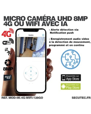 Mini caméra de surveillance 4G ou WiFi à intégrer accès à distance via iPhone Android enregistrement Ultra HD 4K sur micro SD 12