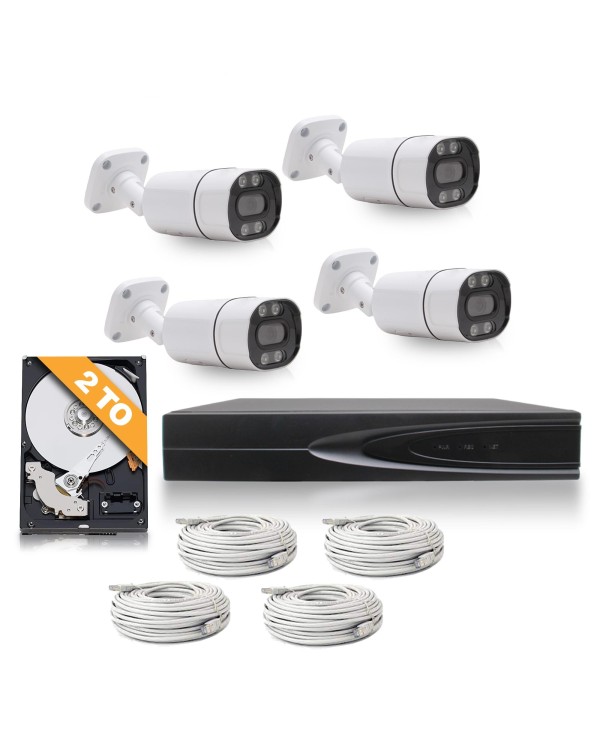 Kit de vidéosurveillance intérieur extérieur avec enregistreur et 4 caméras UHD 8Mpx POE avec disque dur HDD 2To