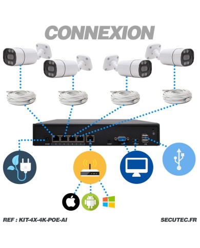 Kit de vidéosurveillance intérieur extérieur avec enregistreur et 4 caméras UHD 8Mpx POE avec disque dur HDD 2To