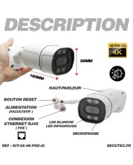 Kit de vidéosurveillance intérieur extérieur avec enregistreur et 4 caméras UHD 8Mpx POE avec disque dur HDD 2To