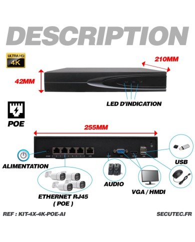 Kit de vidéosurveillance intérieur extérieur avec enregistreur et 4 caméras UHD 8Mpx POE avec disque dur HDD 2To