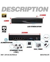 Kit de vidéosurveillance intérieur extérieur avec enregistreur et 4 caméras UHD 8Mpx POE avec disque dur HDD 2To