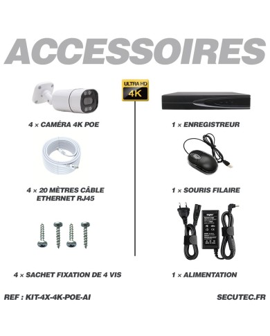 Kit de vidéosurveillance intérieur extérieur avec enregistreur et 4 caméras UHD 8Mpx POE avec disque dur HDD 2To