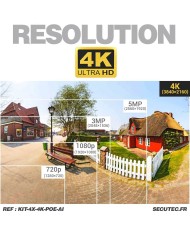 Kit de vidéosurveillance intérieur extérieur avec enregistreur et 4 caméras UHD 8Mpx POE avec disque dur HDD 2To