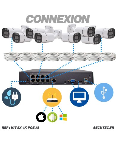 Sécurité 4K Garantie : Kit Vidéo Surveillance AI 8 Caméras Intérieur/Extérieur avec Enregistreur 8To et Câbles 20m Inclus !
