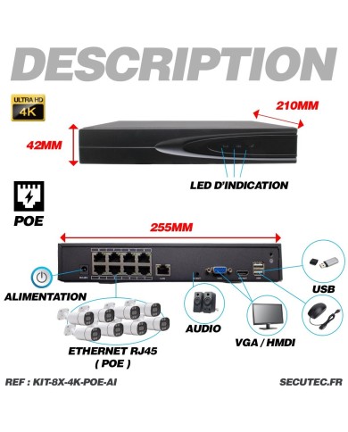 Sécurité 4K Garantie : Kit Vidéo Surveillance AI 8 Caméras Intérieur/Extérieur avec Enregistreur 8To et Câbles 20m Inclus !