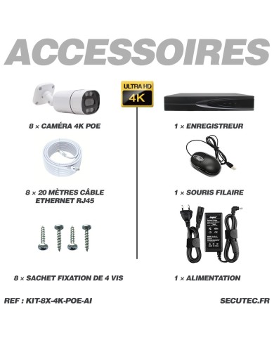 Sécurité 4K Garantie : Kit Vidéo Surveillance AI 8 Caméras Intérieur/Extérieur avec Enregistreur 8To et Câbles 20m Inclus !