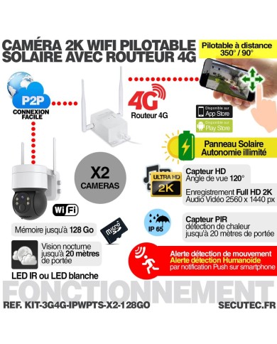 Kit de 2 caméras pilotables solaires WiFi UHD 2K 4MP avec routeur 3G/4G infrarouge detection humaine 128Go