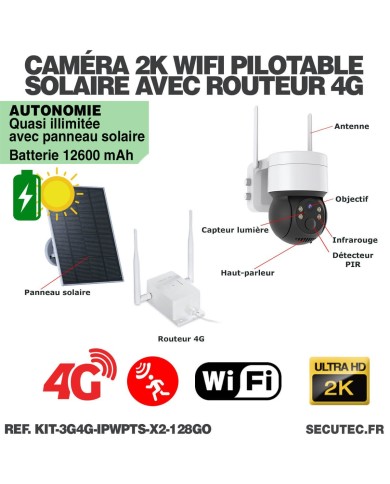 Kit de 2 caméras pilotables solaires WiFi UHD 2K 4MP avec routeur 3G/4G infrarouge detection humaine 128Go
