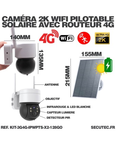 Kit de 2 caméras pilotables solaires WiFi UHD 2K 4MP avec routeur 3G/4G infrarouge detection humaine 128Go