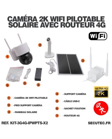 Kit de 2 caméras pilotables solaires WiFi UHD 2K 4MP avec routeur 3G/4G infrarouge detection humaine 128Go